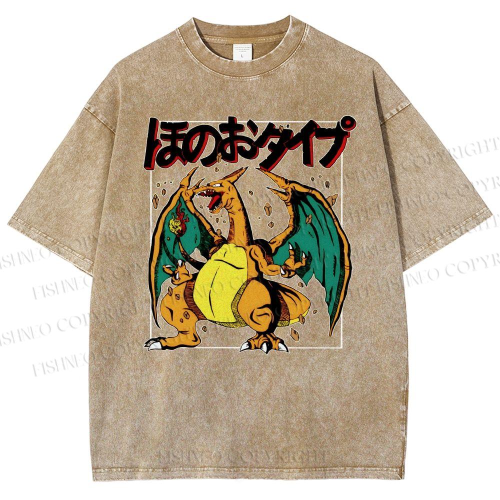 2026 Summer Charizard Pokemon Anime Men's T-shirt Vintage Washed Women Short Sleeve Tee Streetwear Oversized Casual Tops Unisex