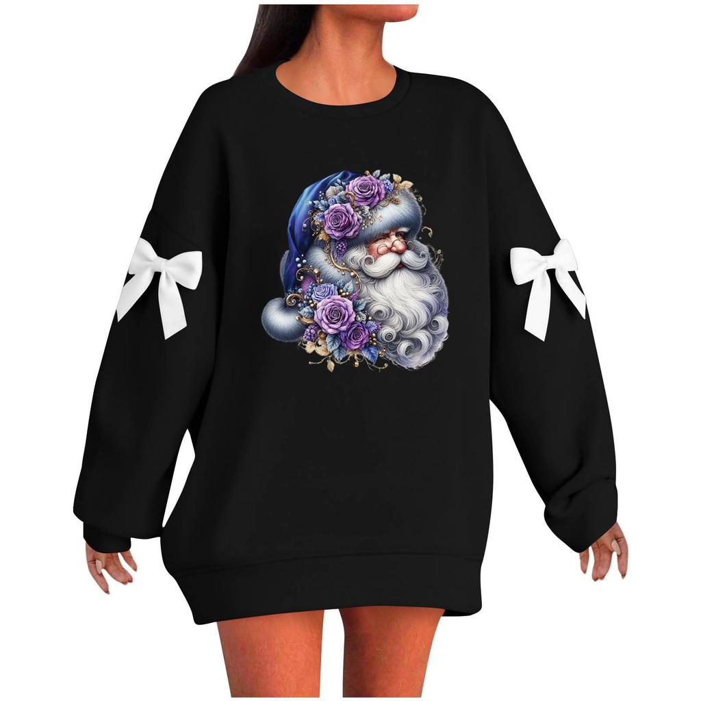 Ladies' Christmas Printed Bow Round Neck Long Sleeved Loose Pullover Sweater Sweatshirt Top
