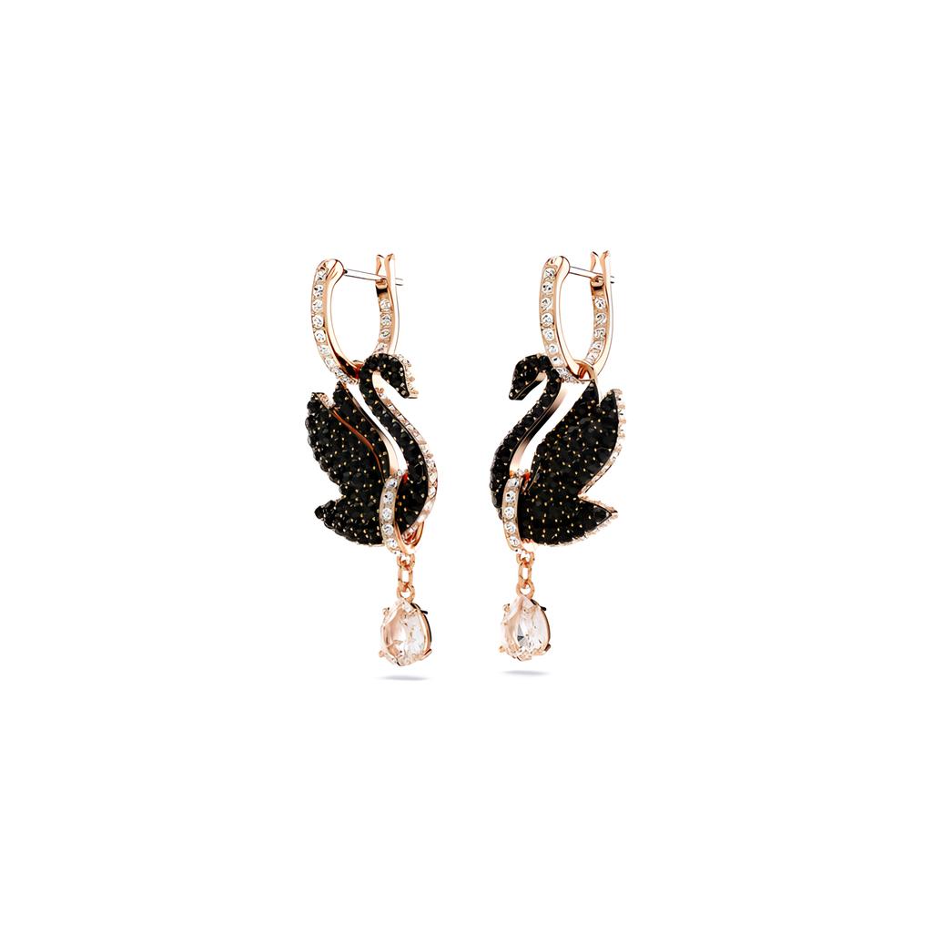 Swarovski Swan Drop Earrings Swan/Black/Rose Gold-tone Plated