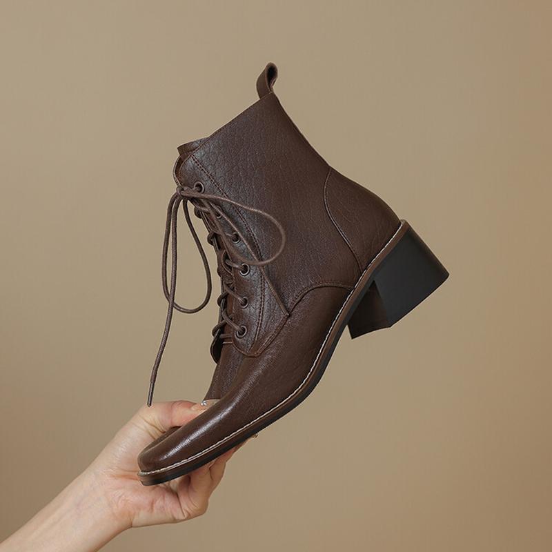 Модные НОВЫЕ Осенне-зимние женские ботинки Обувь из натуральной кожи для женщин Квадратный носок Массивный каблук Обувь на шнуровке Современные ботинки Обувь больших размеров