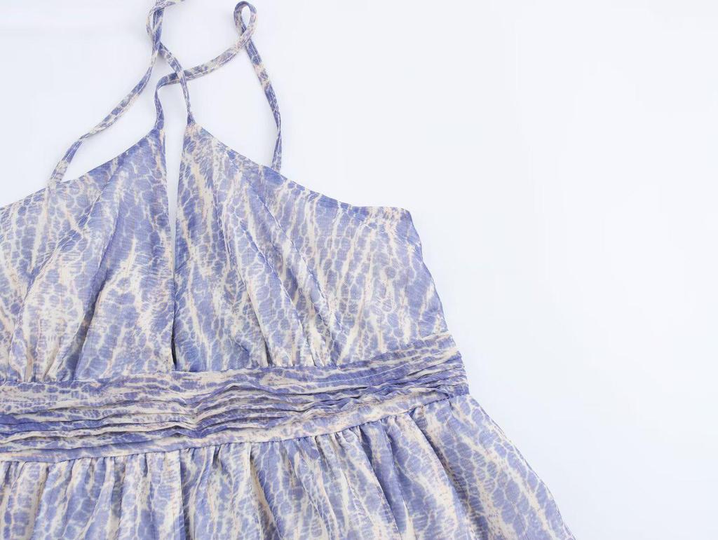 Spring/Summer 2025 Sexy Backless V-Neck Spaghetti Strap Short Print Dress