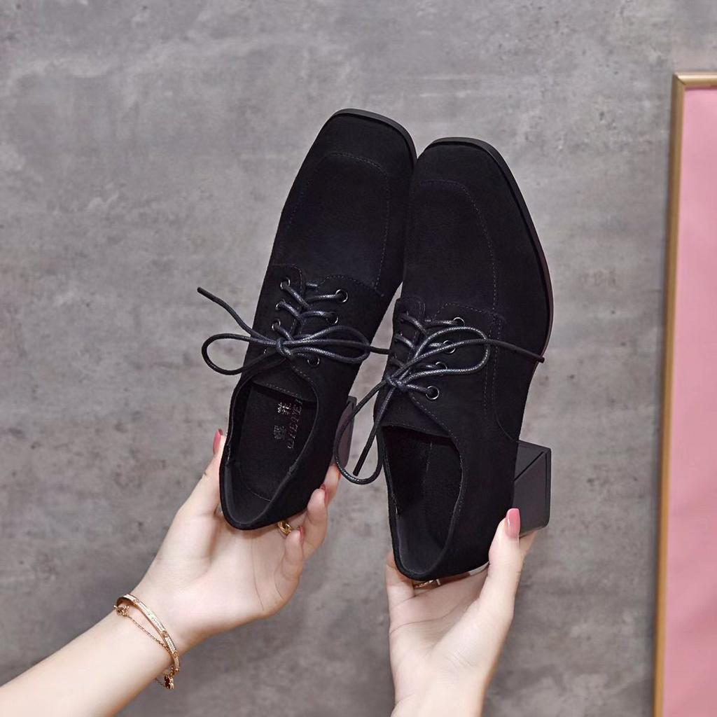 Женские осенние туфли-лодочки из маленькой кожи с квадратным носком, черные, из овчины, на высоком каблуке, на шнуровке, на толстом каблуке, одинарные туфли, обувь на четыре сезона