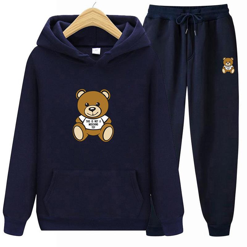 Новые осенне-зимние толстовки с принтом «Маленький медвежонок» + брюки для мужчин и женщин, повседневные толстовки с капюшоном, спортивная одежда, мужской флисовый костюм с капюшоном