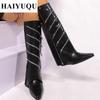 Trend Pointed Toe Low Heels Gladiator High Boots Luxury Women Shoes Punk Leather Winter New Knee High Chelsea Botas Mujer