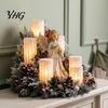 Christmas Mantel Decorations LED Candle Centerpiece with Artificial Cedar Pine Cones And Red Berries, Festive Home Accents Flameless Winter