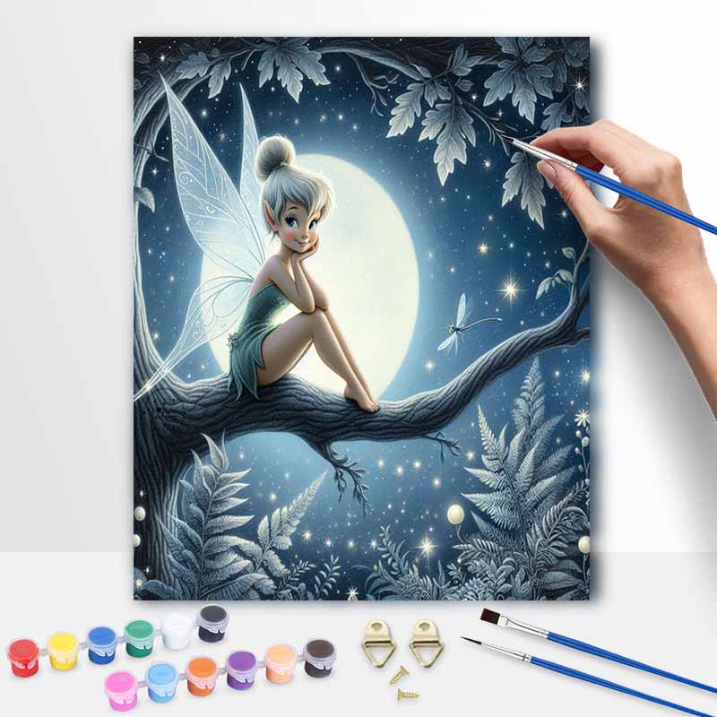Disney DIY Tinkerbell Painting Kit Classic Style Home Decor Craft Gift Idea Wall Art Pixie Fairy Magic Night Forest Moonlit Scene Decor