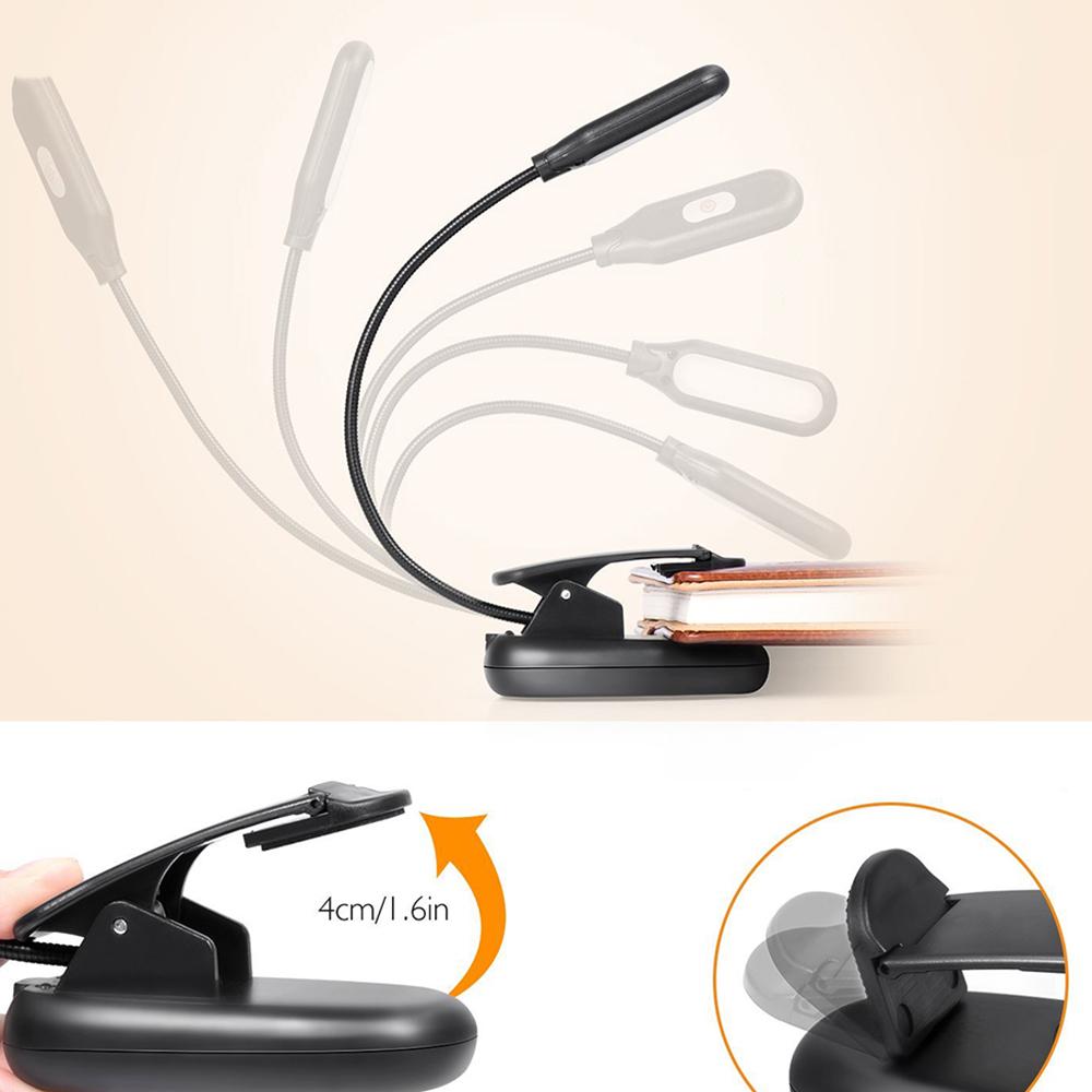 Светодиодный светильник для чтения с клипсой, гибкий, перезаряжаемый через USB, для кровати, путешествий, ноутбука, стола