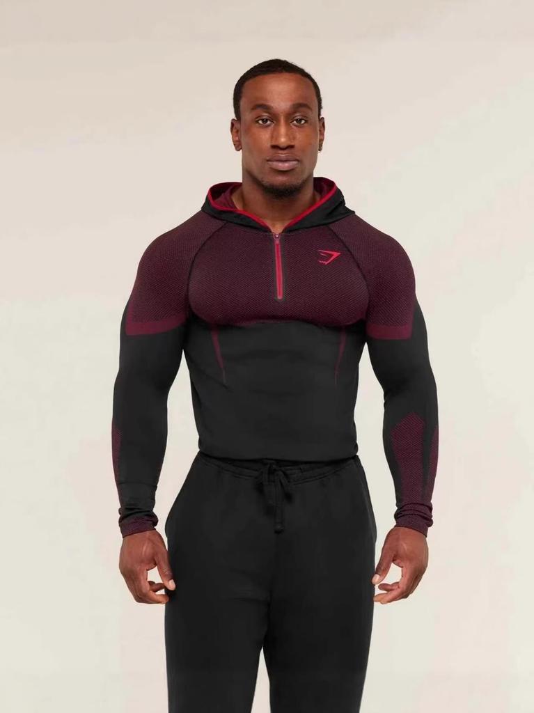 Мужская фитнес-футболка с длинным рукавом и капюшоном GYMSHARK Onyx с высокой эластичностью