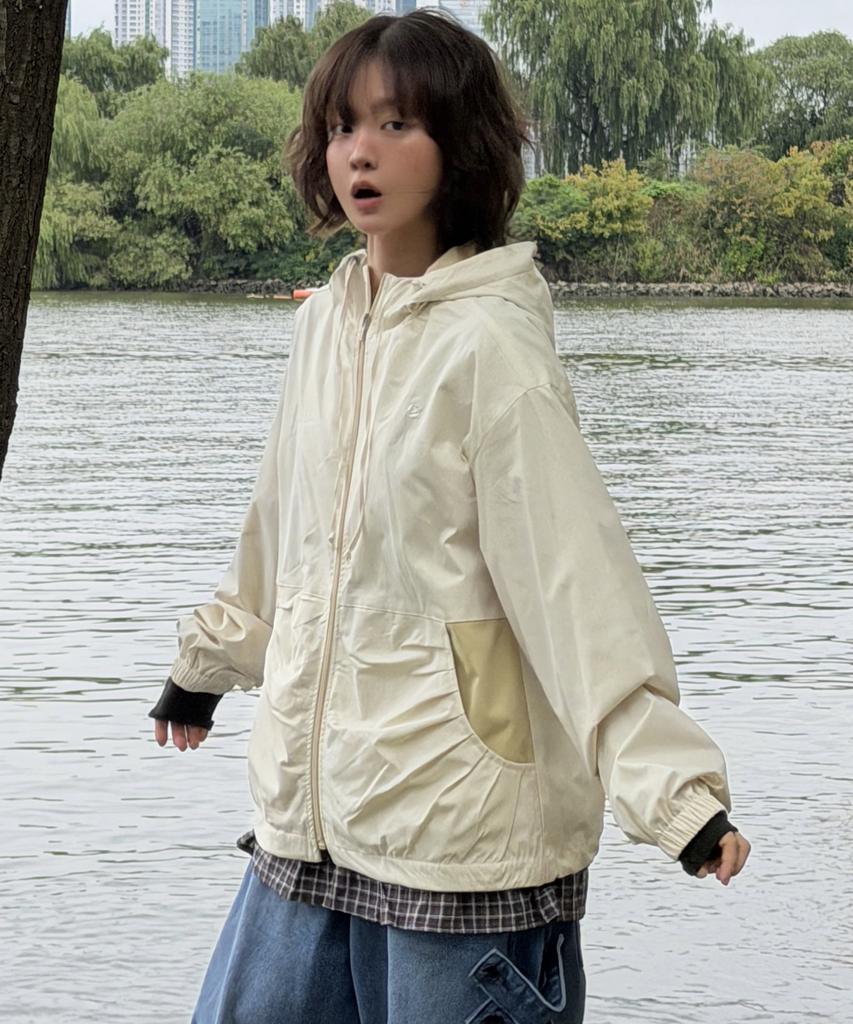 SOME PLACE Striped Color Block Dot Mix Shirred High-Neck Windbreaker Jacket [Yellow]