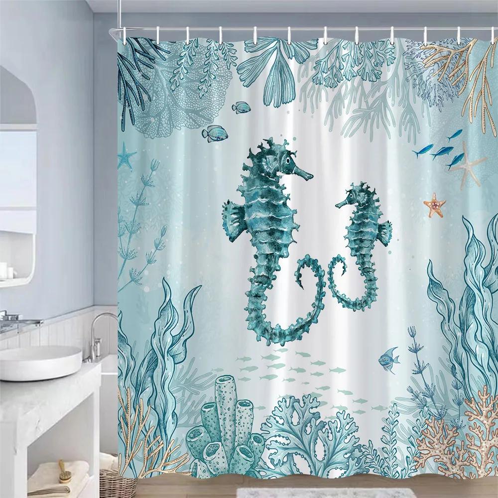 Ocean Animals Shower Curta Sea Turtles Starfish Coral Seaweed Underwater Scenery Polyester Bathroom Curtain Decor with Hooks