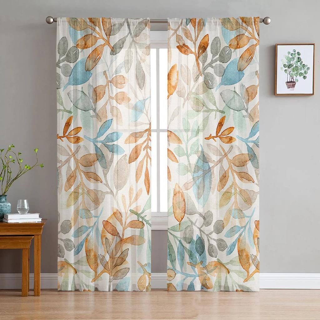 Autumn Watercolor Hand-Painted Leaves Sheer Voile Window Curtains Tulle Curtains Living Room Balcony Decoration Drapes