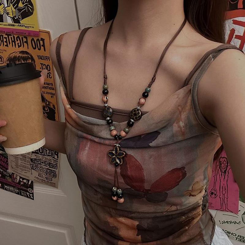 Vintage Bohemian Style Ceramic Beaded Woven Necklace For Women Girls Ethnic Style Long Necklace Jewelry Accessories Gifts