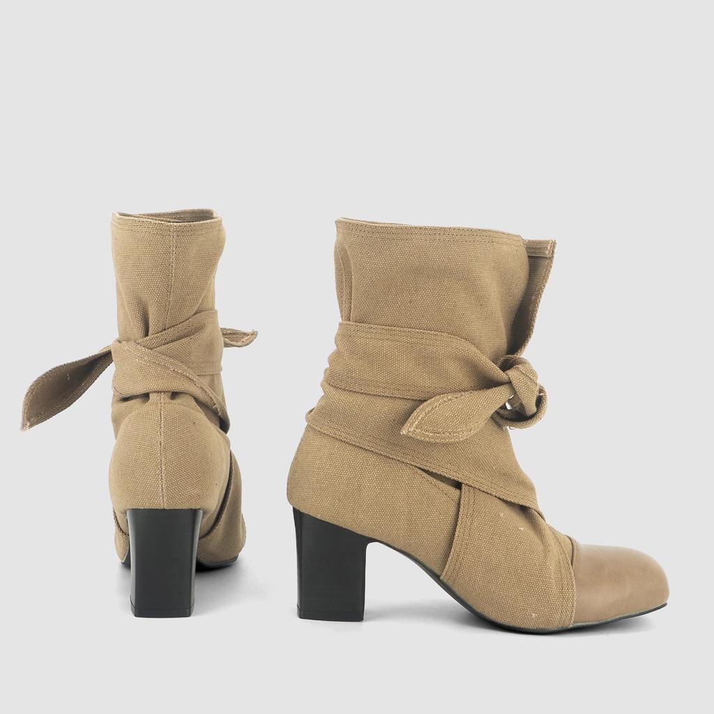 Fashion 2025 New Canvas Butterfly-Knot Square Heels Boots Women Round Toe Slip-On Modern Boots Women High Heels Western Ankle Boot