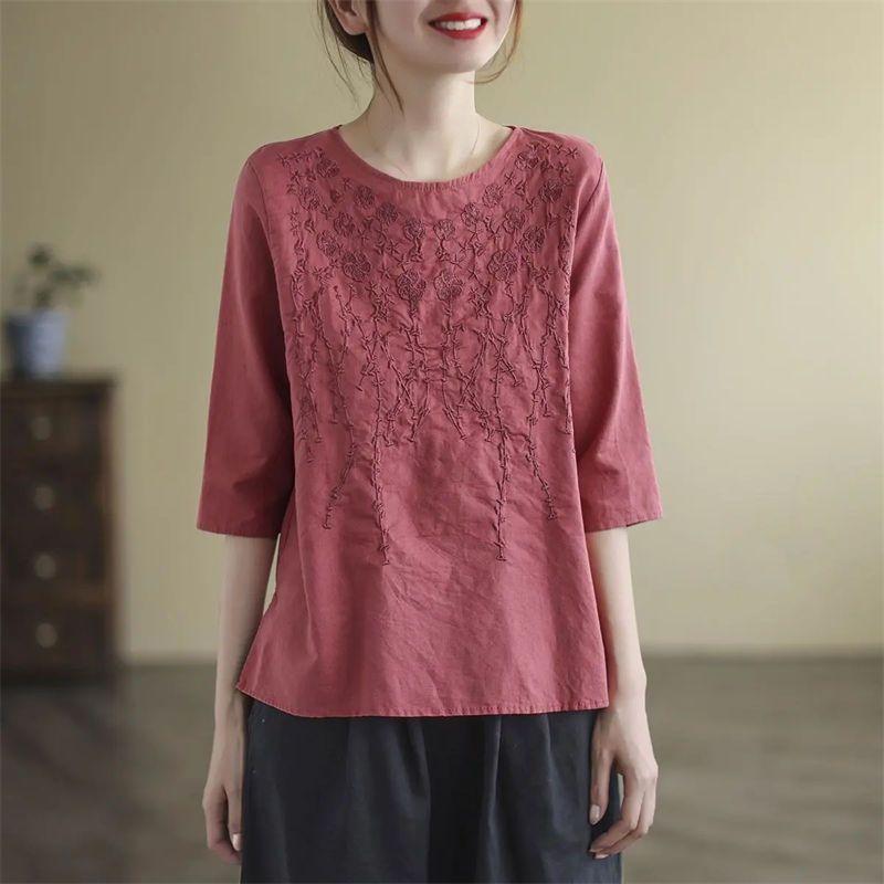 Women Casual T-shirts Summer Cotton Linen Vintage Style Floral Embroidery Loose Female Half Sleeve Tops Tees