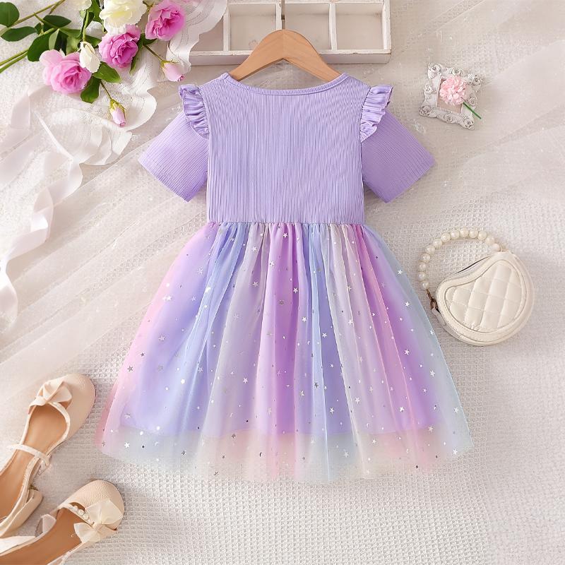 Girls Star Tulle Dress,The rabbit holds a carrot with a floral print, Cute Princess Party Dress with Bow, Short Sleeve Summer Dress for Little Girls