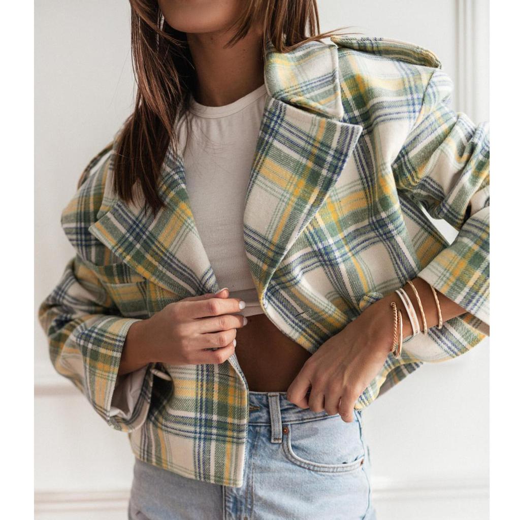 Женский свободный повседневный пиджак с длинными рукавами и клетчатым принтом, модная куртка