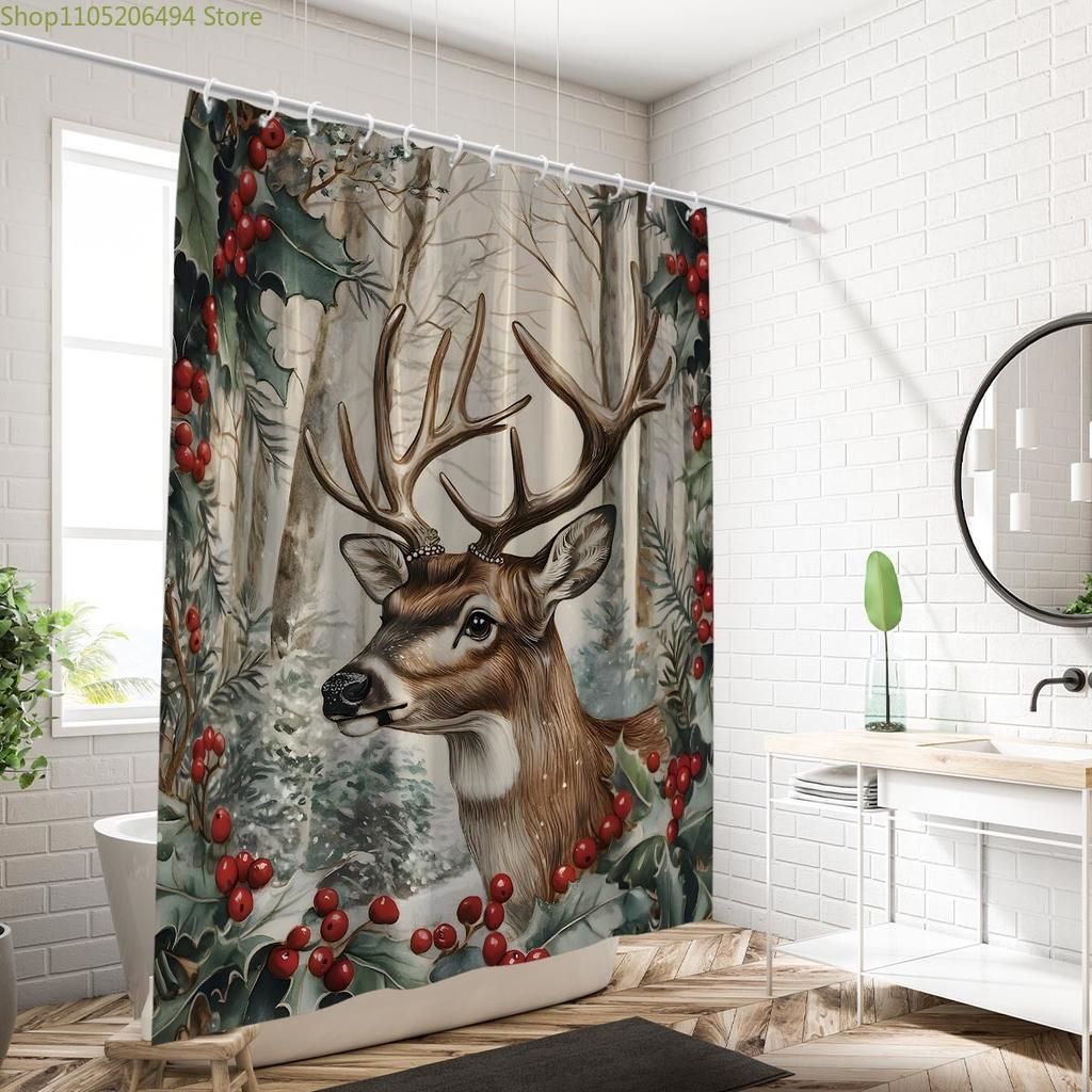 1 шт. Водонепроницаемая шторка для душа с принтом рождественского оленя, Занавеска для приватности, Подвесная, с 12 крючками, Различные размеры, Можно стирать в машине