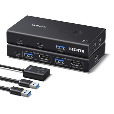 KVM-переключатель UGREEN HDMI 2.0, 2 входа/1 выход, 4K@60 Гц | USB 3.0 x 4 (USB-A x 3 + USB-C x 1) | Совместное использование клавиатуры/мыши | В комплекте контроллер для рабочего стола | Com