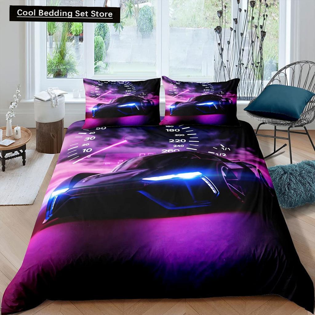 Race Car King Queen Duvet Cover Cool Speed Racing Bedding Set Teens Men Black Sport Car Quilt Cover Polyester Comforter Cover