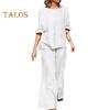 2Pcs/Set Women Casual Outfit O-neck Long Sleeve Tops Elastic Waist Wide Leg Long Pants Set Solid Color Loungewear