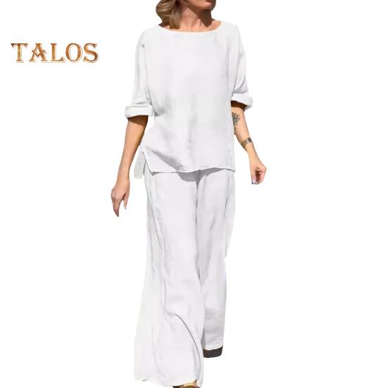 2Pcs/Set Women Casual Outfit O-neck Long Sleeve Tops Elastic Waist Wide Leg Long Pants Set Solid Color Loungewear