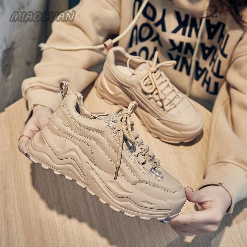 Кроссовки женские весенние женские кроссовки увеличивающие рост бежевые черные осенние массивные туфли обувь для отдыха на шнуровке Zapatillas Mujer