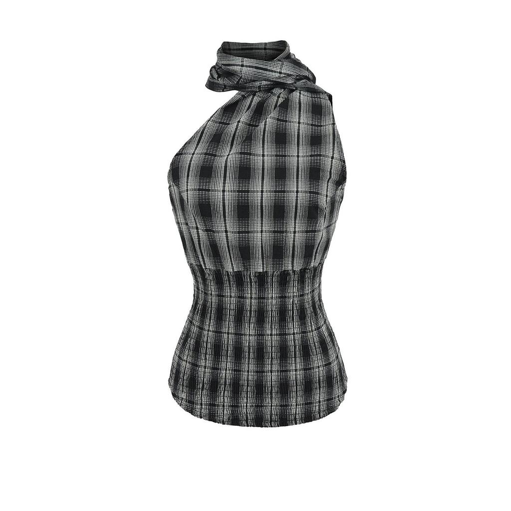 Топ-халтер в стиле ретро в горошек 2025 года + мини-юбка А-силуэта со шнуровкой и заниженной талией