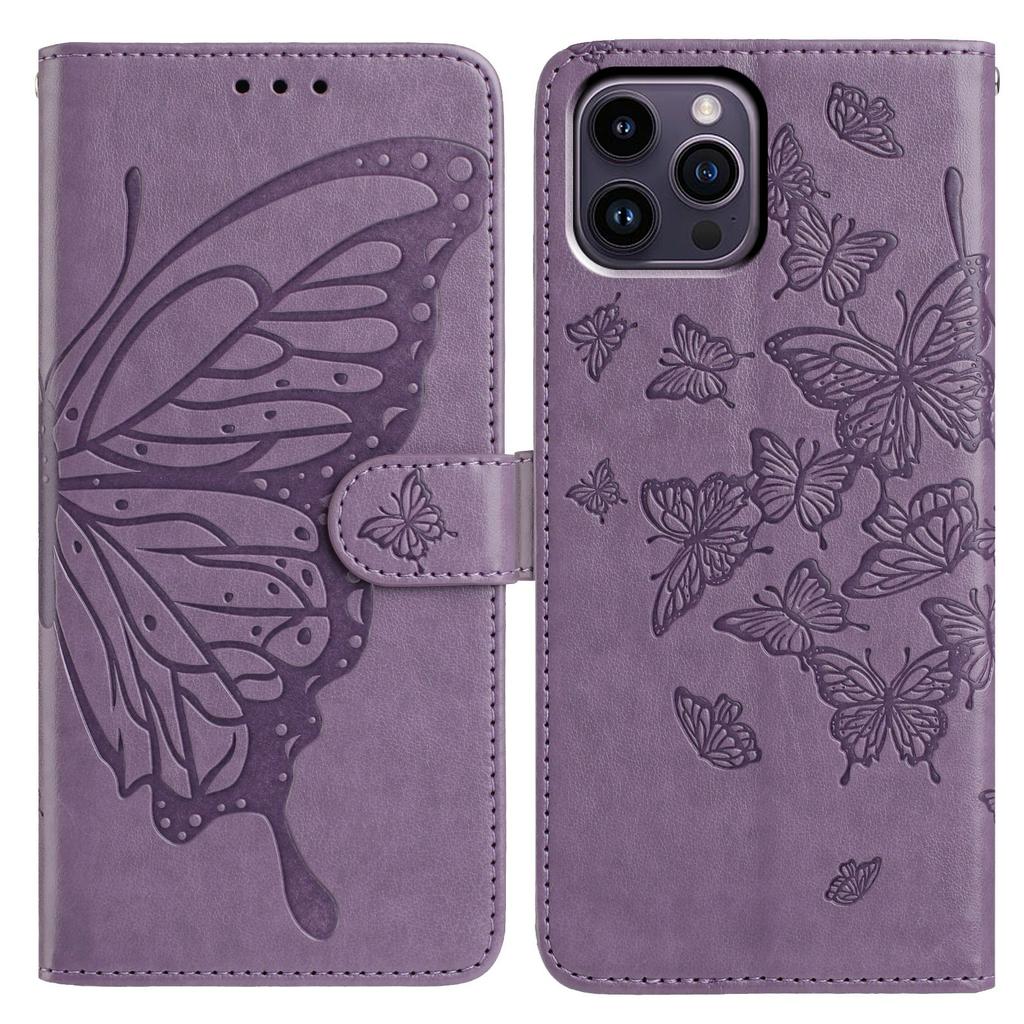 For iPhone 14 Pro Case Butterfly Imprinted Wallet Stand PU Leather Flip Phone Cover with Strap