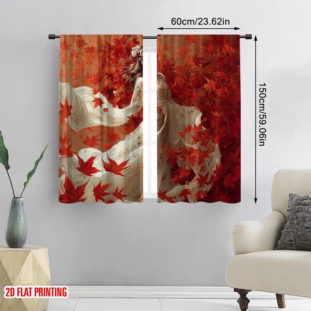 2pcs,2D Plane Printing Popular Curtains Autumn Leaf Polyester (without Rod) Decorations Outdoor for Living Room and Bedroom