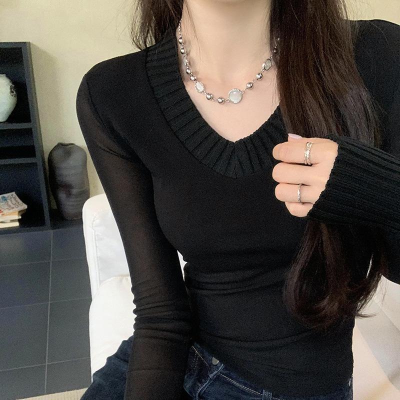 Солнцезащитная блузка, тонкая футболка с длинным рукавом спереди, женская весенне-летняя новинка, черная сетчатая рубашка с V-образным вырезом