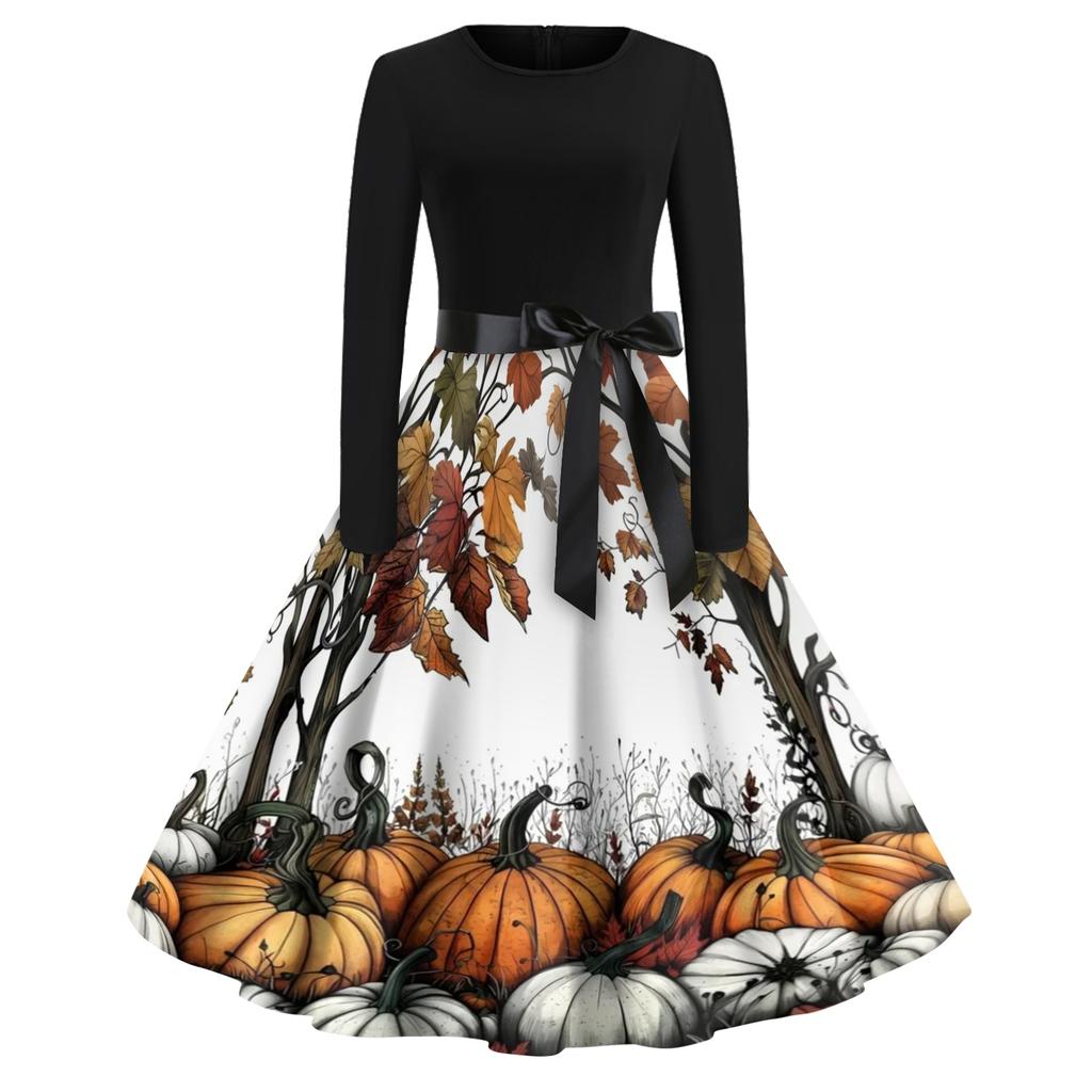 Women's Casual Long Sleeve Vintage Dress Halloween Printed Round Neck A-Line Midi Dress with Waist Tie Belt Retro Style