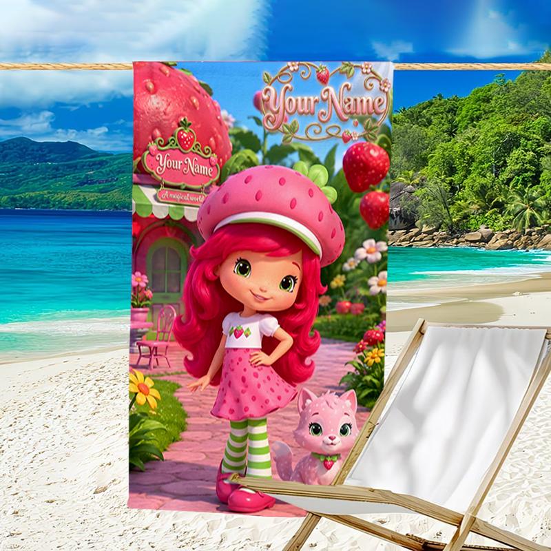 1pc Princess Strawberry Beach Towel with Custom Name, Beach and Seaside Swimming Pool Equipment, Fashion Pattern, Rectangular, Travel Essential