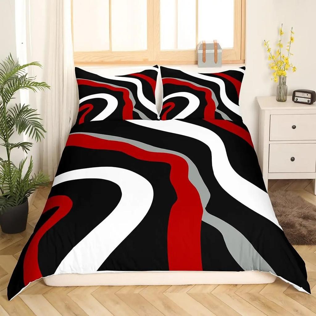 Abstract Geometric Curve Print Duvet Cover Set, Red Black White Modern Bedding Set, Soft Microfiber Quilt Cover With Pillowcases