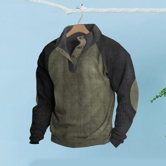 Весна Осень Мужская Толстовка Цветные Блоки Пэчворк Ретро Стиль Полуоткрытый Воротник-стойка Топ Плюс Размер Свободный