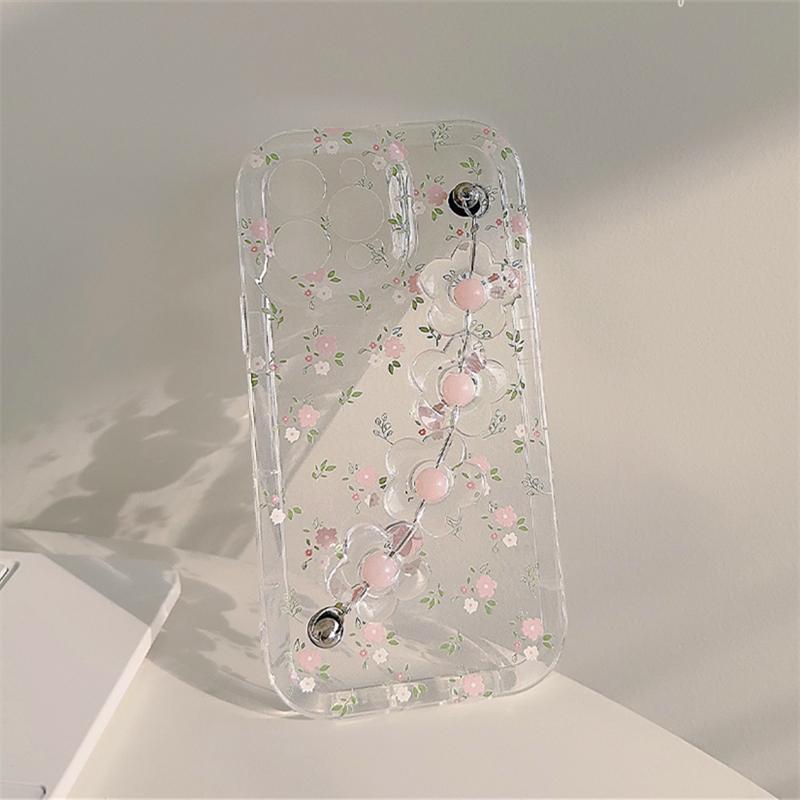 Cute 3D Flower Wrist Phone Chain Soft Phone Case For Iphone 15 14 12 13 11 Pro Max Plus Pink Flower Clear Lens Protective Cover