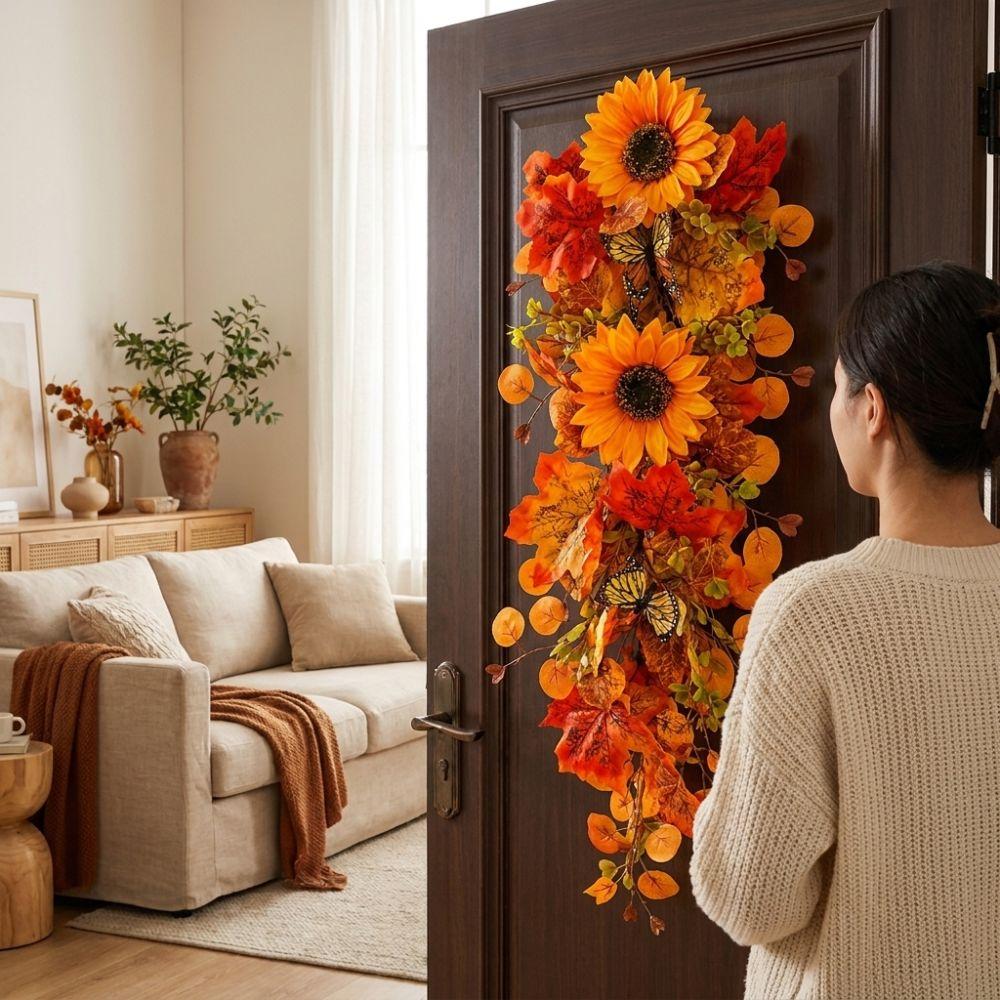 Lifelike Artificial Fall Wreath Rustic Fall Sunflower Teardrop Swag Front Door
