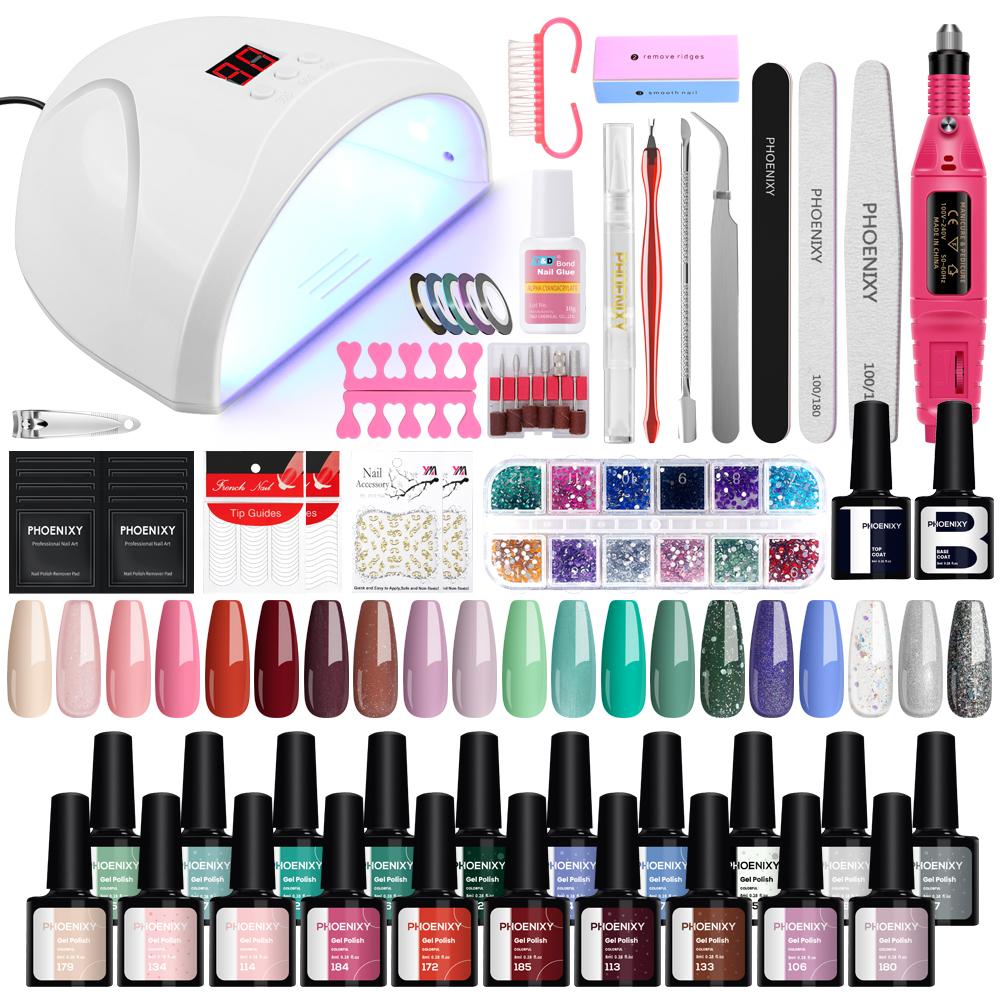 PHOENIXY Набор для дизайна ногтей 20 цветов гель-лака для ногтей с лампой для ногтей 36 Вт и инструментами для ногтей Полный набор для маникюра для дизайна ногтей
