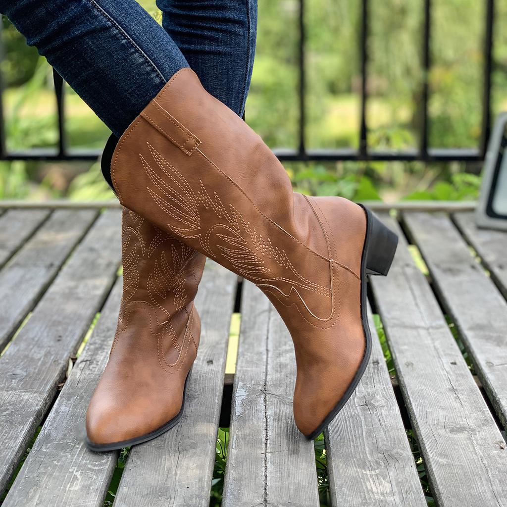 2024 Классические вышитые ковбойские сапоги в стиле вестерн для женщин Кожаные ковбойские сапоги на низком каблуке Женские сапоги до колена Размер 36-43