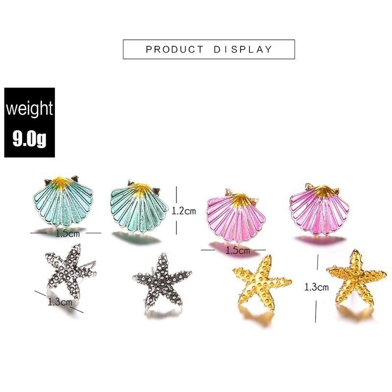 4pairs/set Starfish Shell Stud Earring Set Women Colorful Conch Shells Star Stud Earrings Party Bea