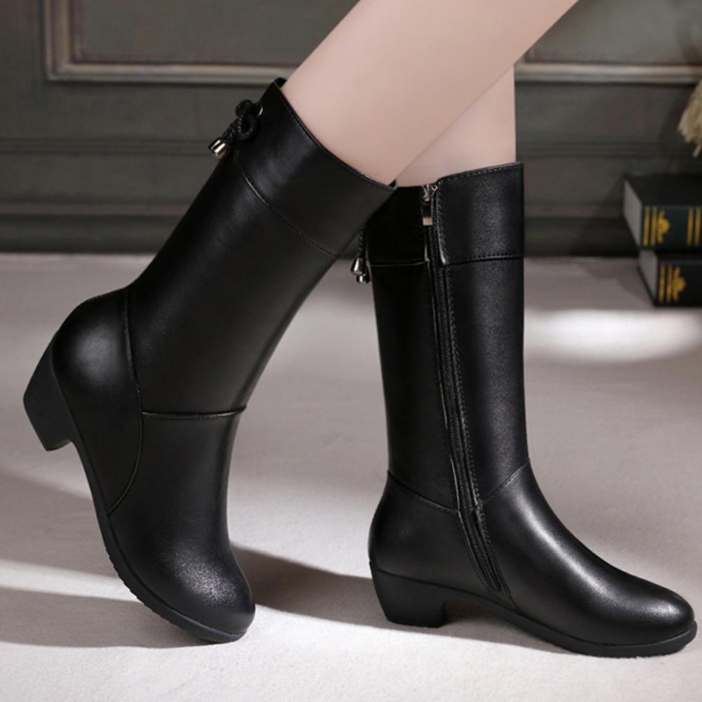 Зимние ботинки, женские ботинки до середины икры, повседневные однотонные женские туфли с круглым носком и молнией на квадратном каблуке, винтажные женские ботинки botas mujer
