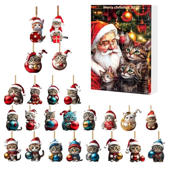 Рождественский кошачий адвент-календарь Акриловый 2D мультяшный кот Подвесные украшения 24 дня 2025 Рождественский календарь обратного отсчета Подарок для любителей кошек Праздничное украшение