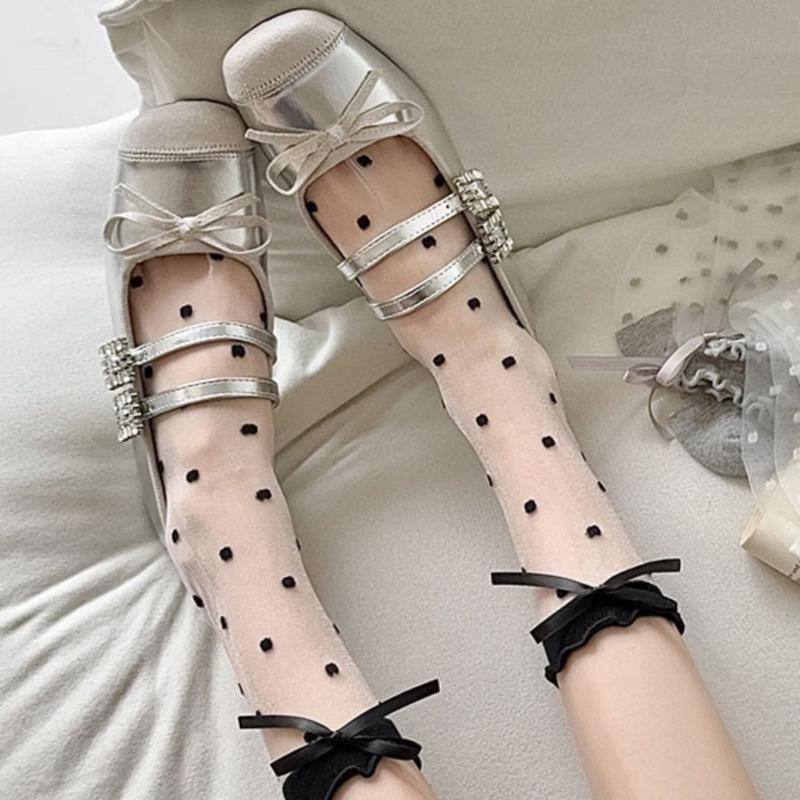 Glass Stockings Women's Summer Thin Transparent Sweet Bow Stockings Girl Style Cute Polka Dot Socks