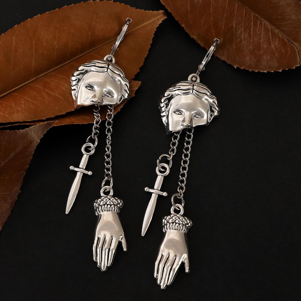 Gothic Punk Metal Retro Silver Color Earrings Sword Ghost Hand Pirate Skull Tassel Earrings Women's Halloween Accessories