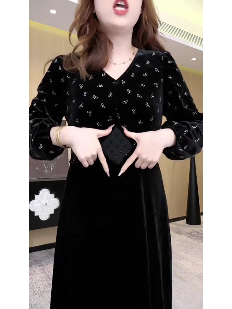 Элегантное бархатное платье большого размера - Осень/Зима, Высокоэластичное, С принтом, Свободное, Стройнящее, Зрелый стиль для женщин.