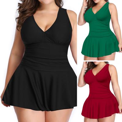 2 шт./компл. женский купальник сплошной цвет плюс размер с V-образным вырезом мягкое платье для плавания