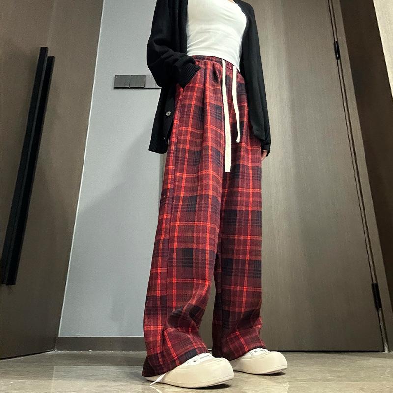 Red Plaid Pants and Velvet Padded Straight Pants Women's Autumn and Winter High Waist Drawstring Pants Loose Informal Wide-leg Pants