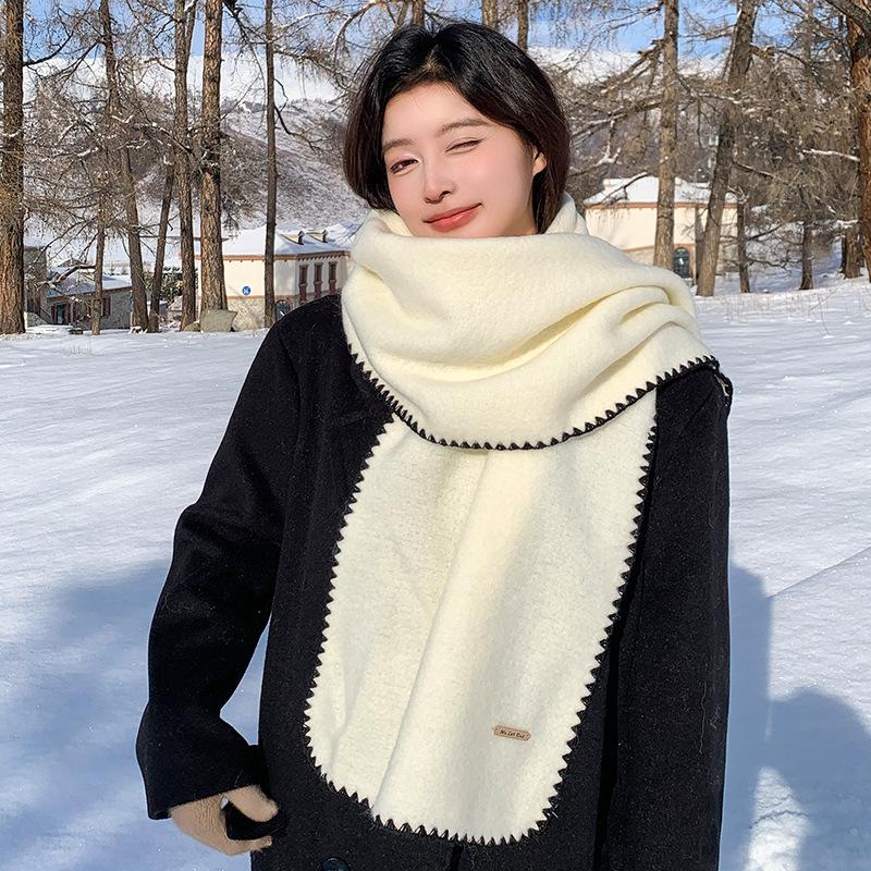 White Scarf Women's New Winter Versatile Knitted Wool Including Wool Warm Scarf