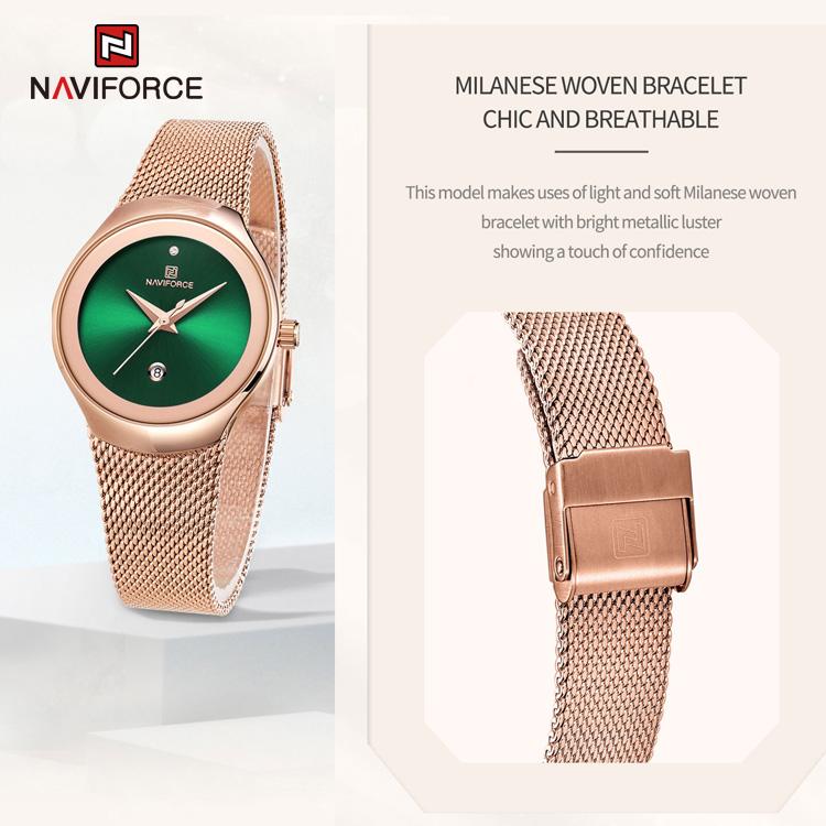 Naviforce NF5004 Кварцевые женские водонепроницаемые женские часы из нержавеющей стали с сеткой розового золота