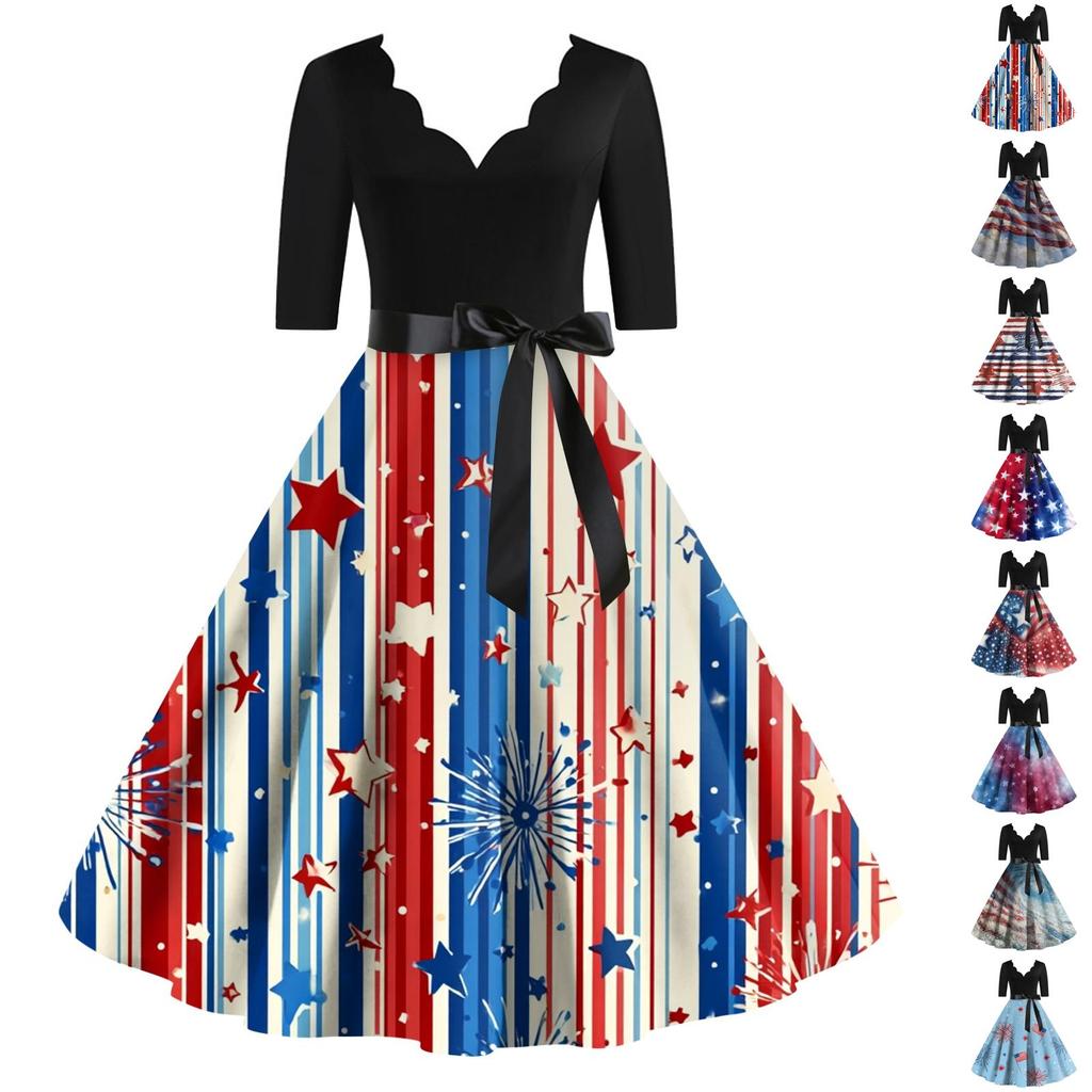 Women's Casual Fashion V-neck Retro Short-sleeved Dress With Flag Independence Day Print