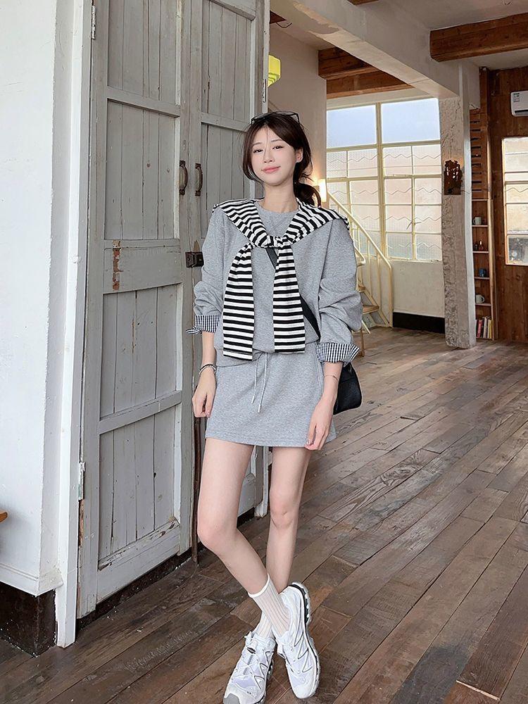 Korean Color Block Striped Shawl Two-Piece Set: Loose Long Sleeve Sweatshirt & High Waist Drawstring Midi Skirt for Early Autumn